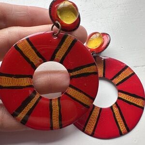 Rare VTG Funky Bruce Tolman Oversized Orange Red Geometric Clip-on Earrings